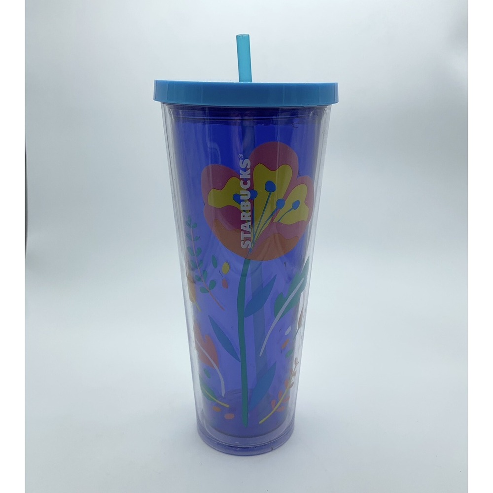 Starbucks 2018 Clear Blue Poppy Floral Cold Cup Coffee Tumbler 24oz Venti
